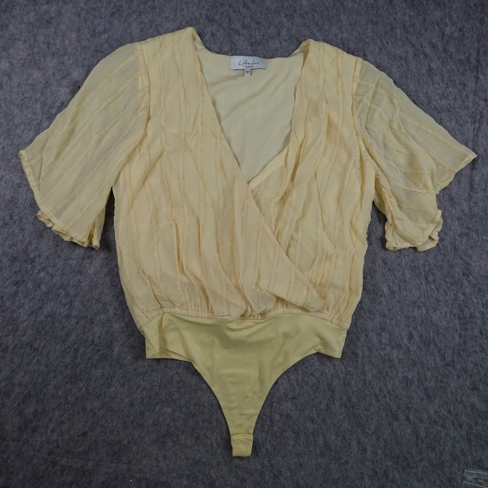 L Academie Bodysuit Women Small Yellow V Neck Short Sleeve Sheer Stripe Metallic